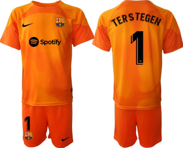 FC Barcelona 2023 Målvaktströja Herr orange Kortärmad + Korta byxor med tryck TERSTEGEN 1